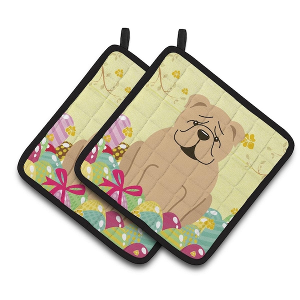 Carolines Treasures Easter Eggs English Bulldog Fawn Pair of Pot Holders - BB6124PTHD