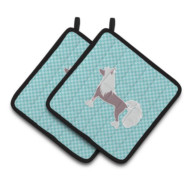 Carolines Treasures Chinese Crested Checkerboard Blue Pair of Pot Holders - BB3743PTHD