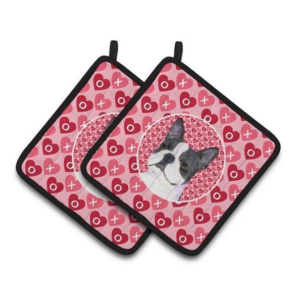 Carolines Treasures Carolines Treasures SS4516PTHD Boston Terrier Hearts Love Valentines Day Pair of Pot Holders; 7.5 x 3 x 7.5 in. - SS4516PTHD