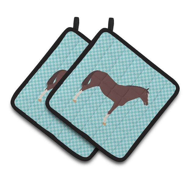 Carolines Treasures English Thoroughbred Horse Blue Check Pair of Pot Holders - BB8087PTHD