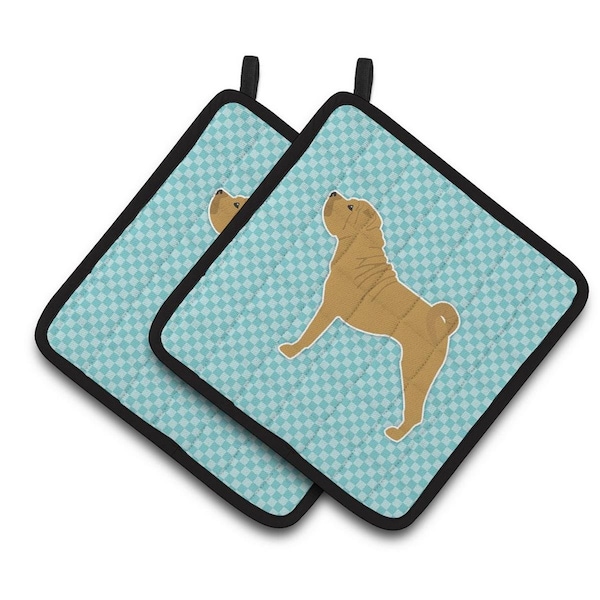 Carolines Treasures Shar Pei Checkerboard Blue Pair of Pot Holders - BB3752PTHD