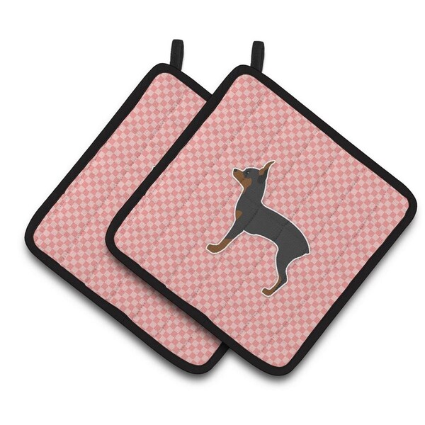 Carolines Treasures Toy Fox Terrier Checkerboard Pink Pair of Pot Holders - BB3587PTHD