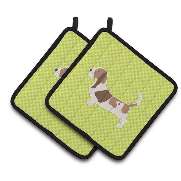 Carolines Treasures Basset Hound Checkerboard Green Pair of Pot Holders - BB3802PTHD