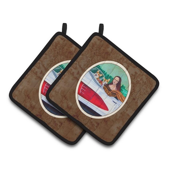 Carolines Treasures Mona Lisa with Corgi Pair of Pot Holders, 7.5 x 3 x 7.5 in. - 7284PTHD
