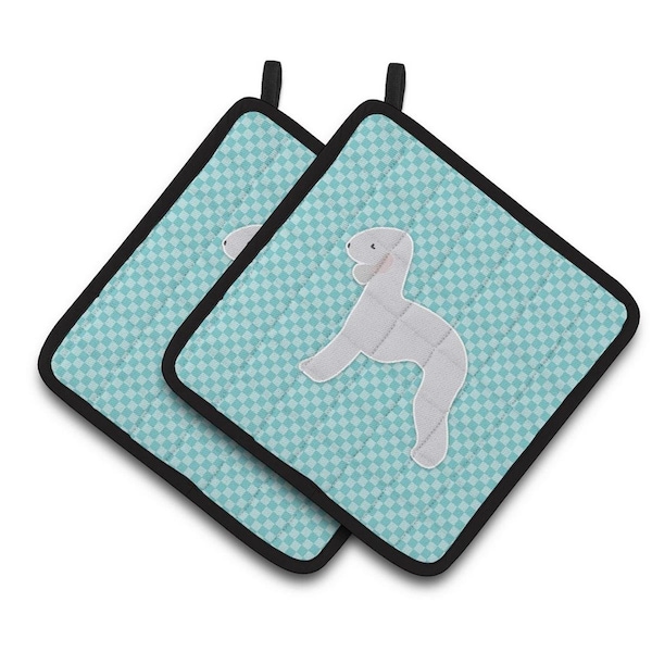 Carolines Treasures Bedlington Terrier Checkerboard Blue Pair of Pot Holders - BB3694PTHD