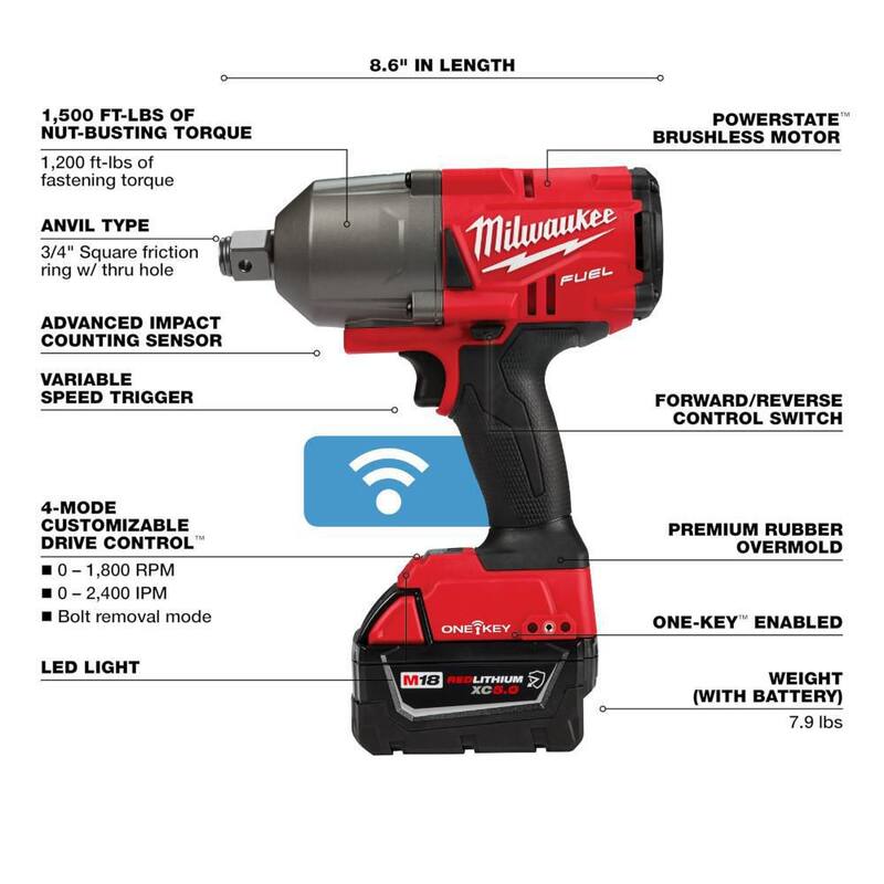 Llave de impacto de alto par Milwaukee M18 FUEL ONE-KEY de 18V de iones de litio sin escobillas inalámbrica de 3/4 pulg. con anillo de fricción, baterías resistentes - 2864-22R