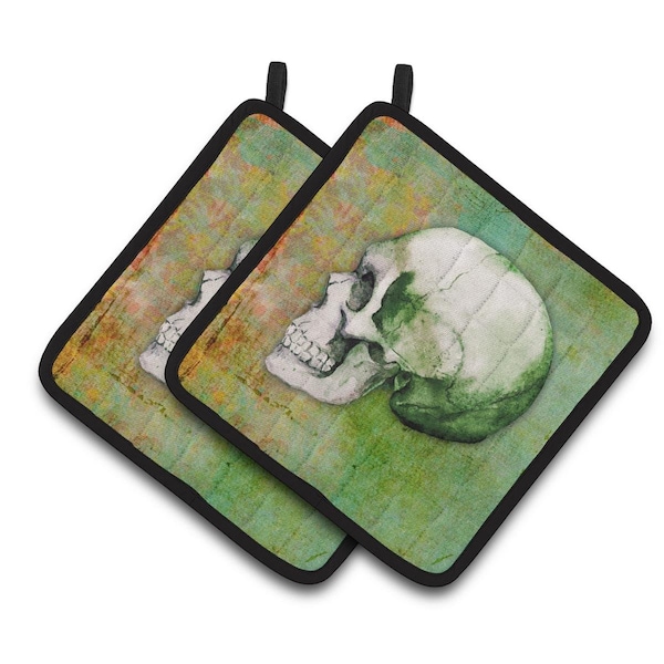 Carolines Treasures Day of the Dead Green Skull Pair of Pot Holders - BB5122PTHD