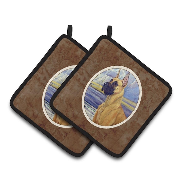 Carolines Treasures Fawn Great Dane at the Beach Pair of Pot Holders - 7101PTHD