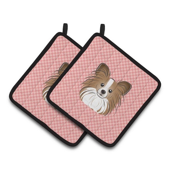 Carolines Treasures Checkerboard Pink Papillon Pair of Pot Holders, 7.5 x 3 x 7.5 in. - BB1248PTHD