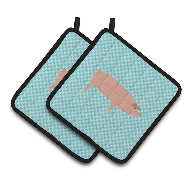 Carolines Treasures American Landrace Pig Blue Check Pair of Pot Holders - BB8106PTHD