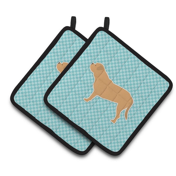 Carolines Treasures Dogue de Bordeaux Checkerboard Blue Pair of Pot Holders - BB3770PTHD