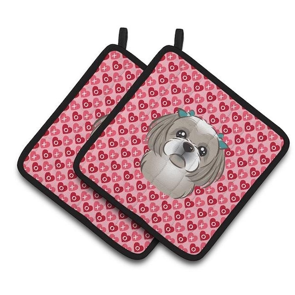 Carolines Treasures Carolines Treasures BB5320PTHD Gray Silver Shih Tzu Hearts Pair of Pot Holders - BB5320PTHD