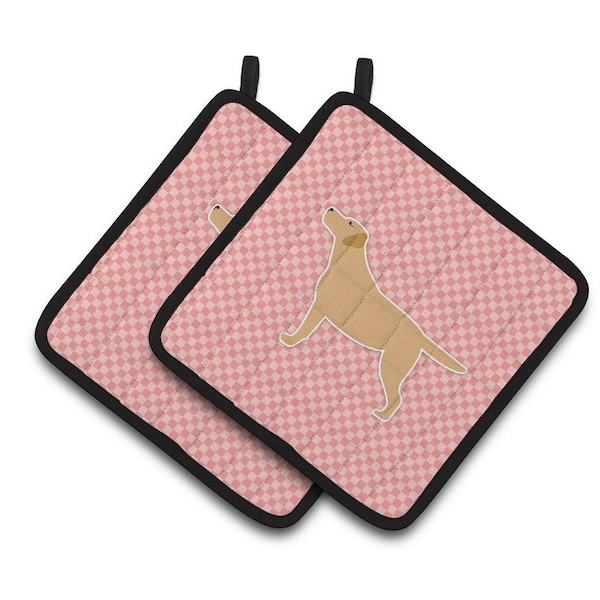 Carolines Treasures Yellow Labrador Retriever Checkerboard Pink Pair of Pot Holders - BB3597PTHD