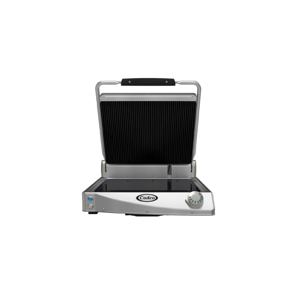 Cadco Jumbo Single Panini Grill, Glass Ceramic, black ribbed top plate - CPG-15