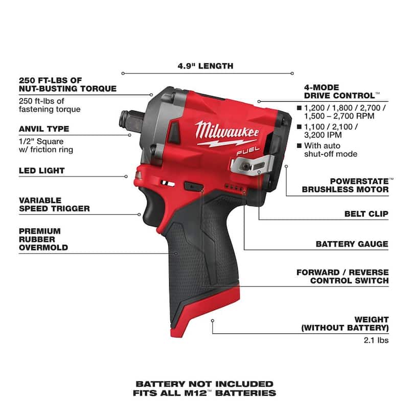 Llave de impacto inalámbrica Milwaukee M12 FUEL de 12V de iones de litio sin escobillas en 1/2 pulgada (Herramienta solamente) - 2555-20.