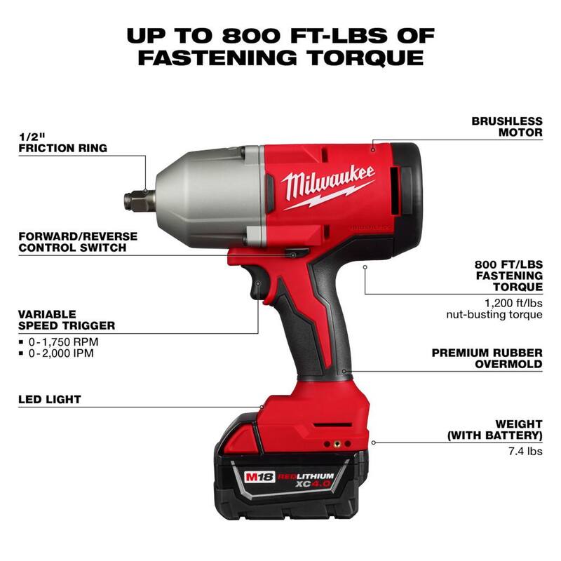 Llave de Impacto Inalámbrica sin Escobillas de Litio Milwaukee M18 18V de 1/2 pulg con Anillo de Fricción - Kit 2666-21B