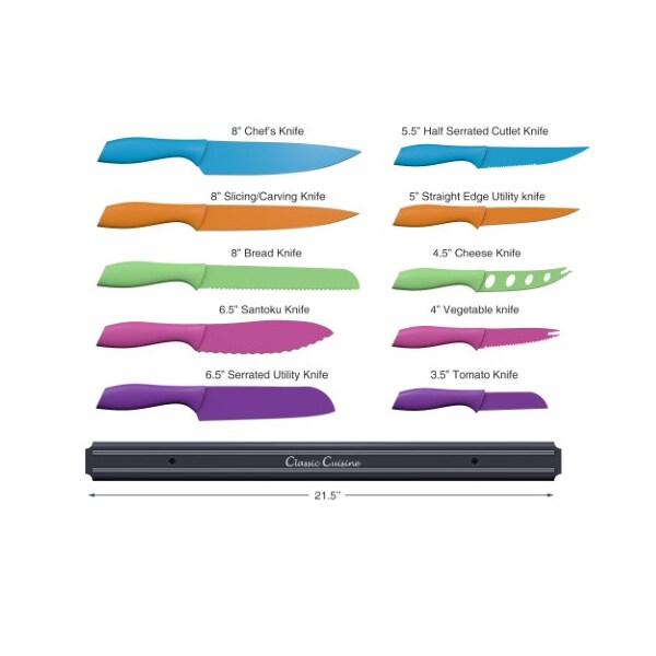 Hastings Home Hastings Home Colorful 10-Piece Knife Set- Magnetic Bar Storage- Stainless-Steel Blades - 253775SWZ