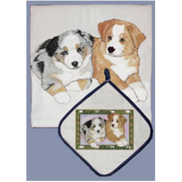Bakebetter Dish Towel and Pot Holder Set - Australian Shepherd Pups - BA2633793