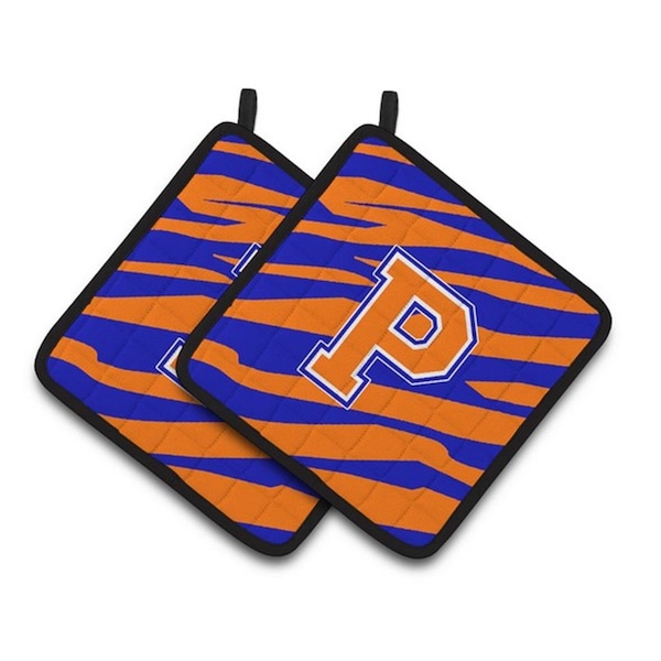 Carolines Treasures Monogram Initial P Tiger Stripe - Blue Orange Pair of Pot Holders, 7.5 x 3 x 7.5 in. - CJ1023-PPTHD