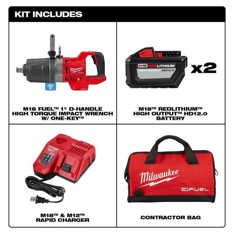 Llave de impacto inalámbrica Milwaukee M18 FUEL de 18 V con motor sin escobillas y batería de iones de litio de 1 pulgada con empuñadura en forma de D, kit con dos baterías de 12.0 Ah - 2868-22HD