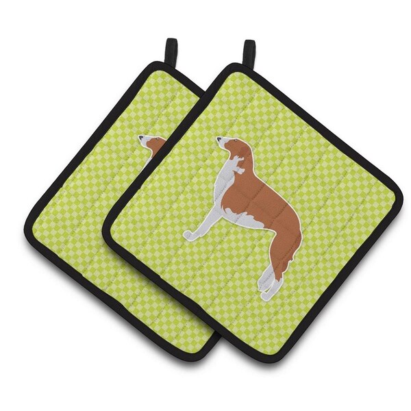 Carolines Treasures Borzoi Russian Greyhound Checkerboard Green Pair of Pot Holders - BB3799PTHD