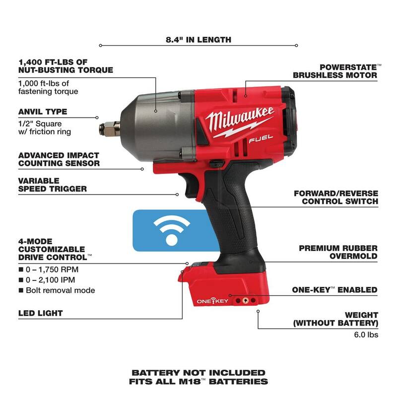 Llave de impacto inalámbrica Milwaukee M18 FUEL ONE-KEY de 18V con anillo de fricción y motor sin escobillas de 1/2 pulgadas (Solo herramienta) - 2863-20