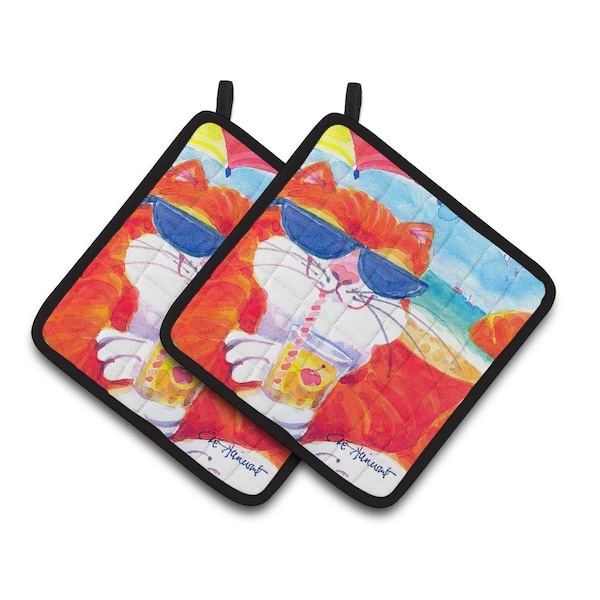 Carolines Treasures Cool Cat With Sunglasses at the Beach Pair of Pot Holders - 6118PTHD