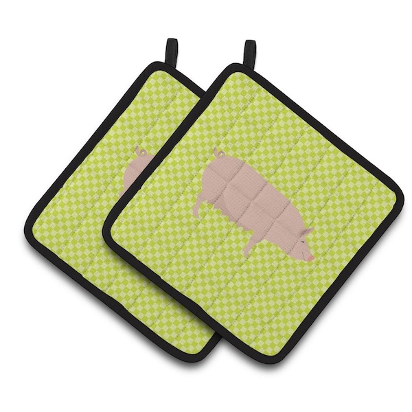 Carolines Treasures English Large White Pig Green Pair of Pot Holders - BB7764PTHD