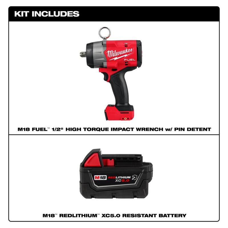 Milwaukee M18 FUEL 18V Llave de impacto inalámbrica de alto torque sin escobillas de iones de litio de 1/2 pulgada con seguro de pasador y batería de 5.0 Ah - 2966-20-48-11-1850R