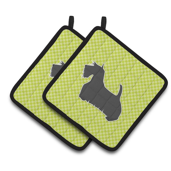 Carolines Treasures Scottish Terrier Checkerboard Green Pair of Pot Holders - BB3869PTHD