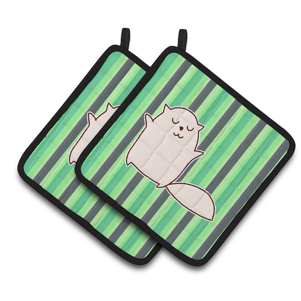 Carolines Treasures Cat Green Stripes Pair of Pot Holders - BB6856PTHD