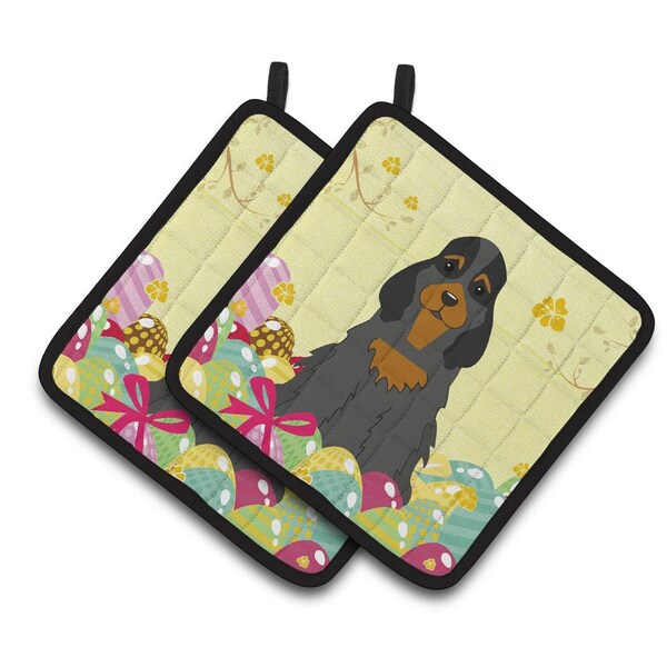 Carolines Treasures Easter Eggs Cocker Spaniel Black Tan Pair of Pot Holders - BB6093PTHD