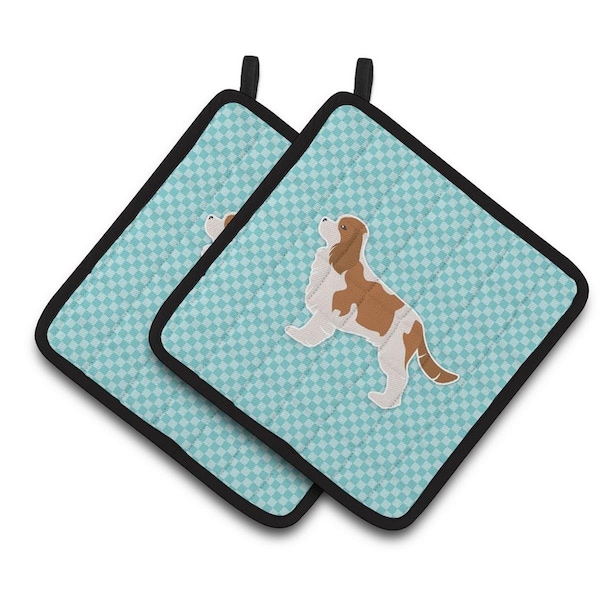 Carolines Treasures Cavalier King Charles Spaniel Checkerboard Blue Pair of Pot Holders - BB3749PTHD