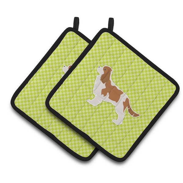 Carolines Treasures Cavalier King Charles Spaniel Checkerboard Green Pair of Pot Holders - BB3849PTHD