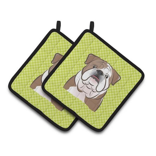 Carolines Treasures Carolines Treasures BB1281PTHD Checkerboard Lime Green English Bulldog Pair of Pot Holders; 7.5 x 3 x 7.5 in. - BB1281PTHD