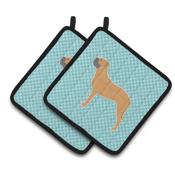 Carolines Treasures Bullmastiff Checkerboard Blue Pair of Pot Holders - BB3771PTHD