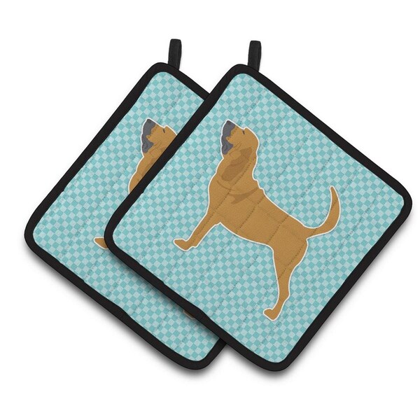 Carolines Treasures Bloodhound Checkerboard Blue Pair of Pot Holders - BB3684PTHD