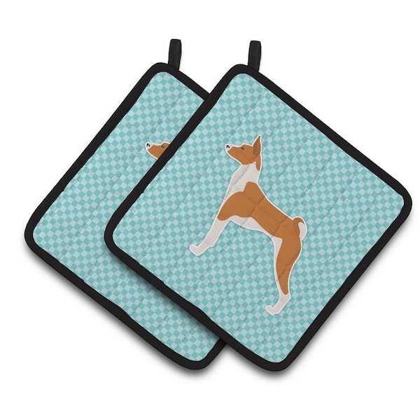 Carolines Treasures Basenji Checkerboard Blue Pair of Pot Holders - BB3774PTHD