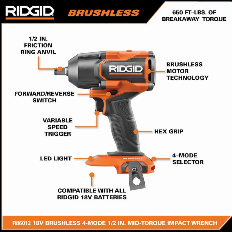 Llave de impacto inalámbrica RIDGID 18V sin escobillas de 4 modos y 1/2 pulgadas con anillo de fricción (solo herramienta) - R86012B