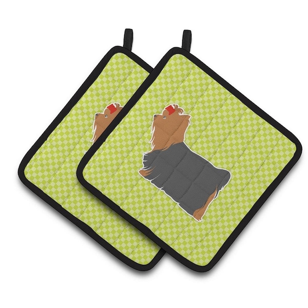 Carolines Treasures Yorkshire Terrier Yorkie Checkerboard Green Pair of Pot Holders - BB3834PTHD