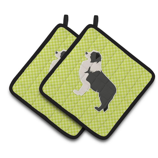 Carolines Treasures Black Border Collie Checkerboard Green Pair of Pot Holders - BB3823PTHD
