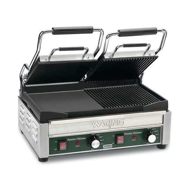 Waring Commercial Dual Panini Grill, Half Ribbed Plates, 240V, 3200 Watts - WDG300