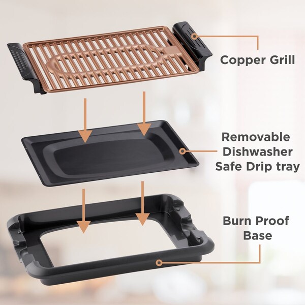 Betty Crocker Indoor Smokeless Grill, 10 x 15 inch Copper Coated Nonstick Cooking Surface - BC-4950C