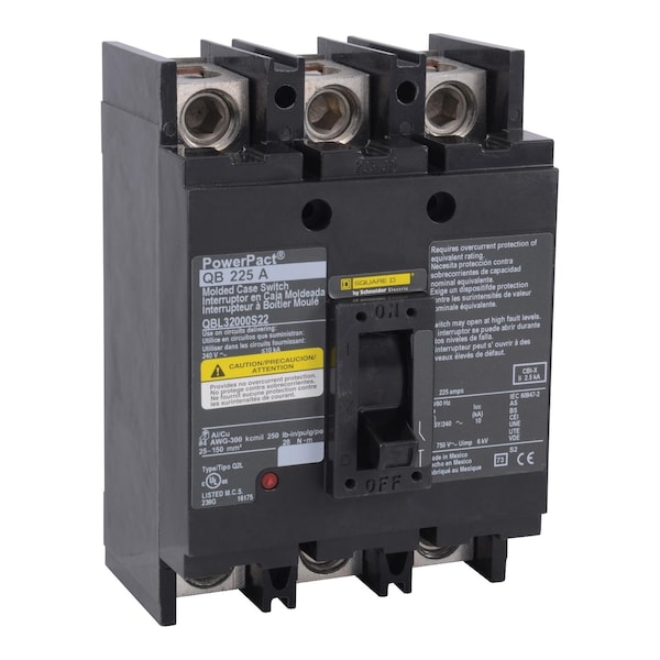 Square D Molded Case Circuit Breaker, QBL Series, 225A, 3 Pole, 240V AC, 10kA at 240V AC - QBL32000S22