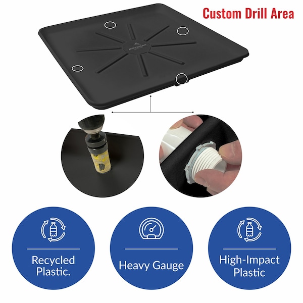 American Built Pro Washing Machine Pan, 30 in x 28 in, Durable Plastic, Black, Undrilled w Drain Hose Adapter - WMSP-B1Und
