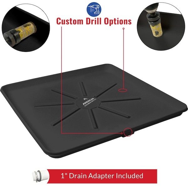 American Built Pro Washing Machine Pan, 30 in x 28 in, Durable Plastic, Black, Undrilled w Drain Hose Adapter - WMSP-B1Und
