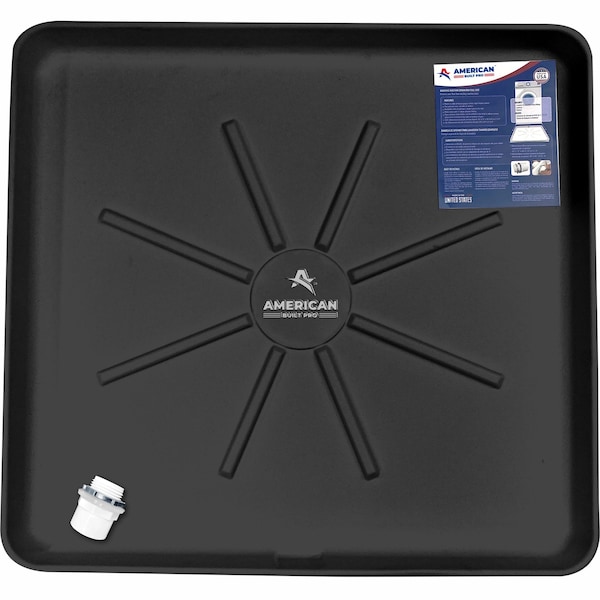 American Built Pro Washing Machine Pan, 30 in x 28 in, Durable Plastic, Black, Undrilled w Drain Hose Adapter - WMSP-B1Und