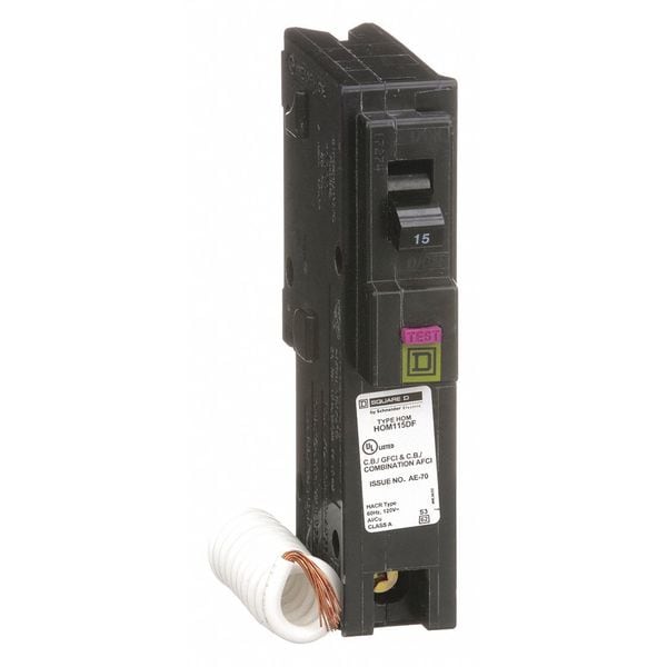 Square D Circuit Breaker, HOM Series, 15A, 1 Pole, 120V AC, 10kA - HOM115DF