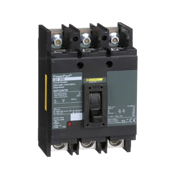 Square D Molded Case Circuit Breaker, QDP Series, 200A, 3 Pole, 240V AC, 25kA at 240V AC - QDP32200TM