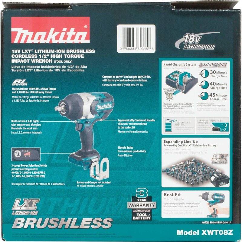 Llave de impacto inalámbrica de alto torque de 1/2 pulgadas y 3 velocidades sin escobillas de litio-ion LXT de 18V de Makita (Herramienta solamente) - XWT08Z
